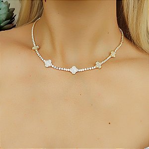 Colar em banho de ouro 18k riviera com trevos cravejados de zircônias cristais