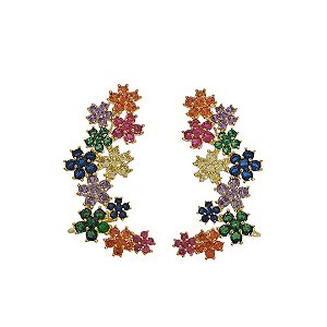 Brinco em banho de ouro 18k ear cuff flores de cristais coloridos