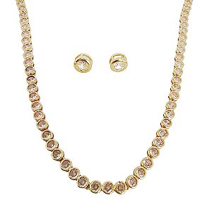Conjunto em banho de ouro 18k colar riviera redonda e brincos ponto de luz com zircônias cristais