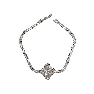 Pulseira riviera em banho de ródio branco com trevo cravejado de zircônias cristais