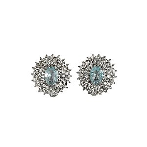 Brinco de pressão em banho de ródio branco cravejado de zircônias cristais e zircônia oval azul