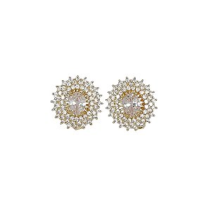 Brinco de pressão em banho de ouro 18k com zircônias cristais cravejadas e zircônica cristal oval