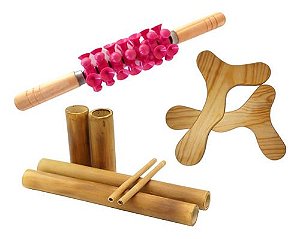 Kit para Massagem com Bambus e Rolo Turbinada Modeladora Rosa