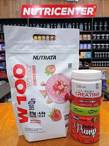 Whey Protein W100 900g Nutrata + Pré-Treino Nitro Pump Pink Limonade 150g Nutriganic + Creatina 100% Pura 150g Nutriganic