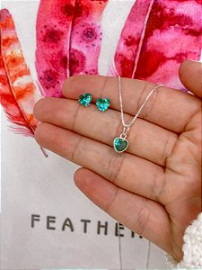 Conjunto Brinco + Colar Coração Turmalina 45cm