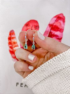 Brinco Argola Cravejada Gota Verde 7mm