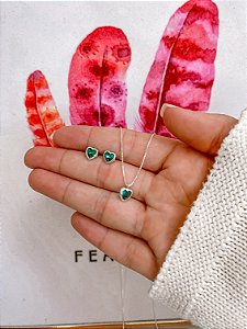 Conjunto Brinco + Colar Coração Verde 45cm