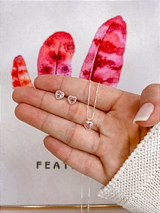 Conjunto Brinco + Colar Coração Rosa 45cm