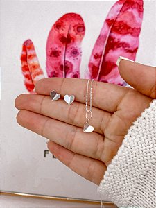 Conjunto Brinco + Colar Coração Origami 45cm