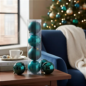 Bolas De Natal Em Tubo Azul Teal 8cm C/6 Unid - Decoração