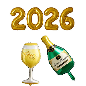 Kit Balão Ano Novo Metalizado 2026 Dourado Taça + Garrafa + Estrela Dourado 2026