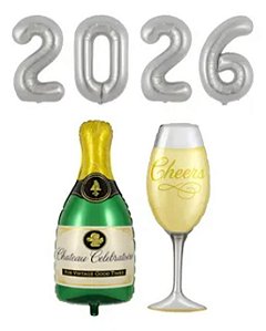 Kit Balão Ano Novo Metalizado 2026 Prata Taça + Garrafa + Estrela Dourado 2026