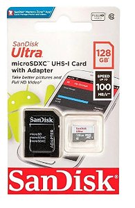 CARTÃO DE MEMÓRIA SANDISK 128 GB. MICRO SD CLASSE 10 100MB/S