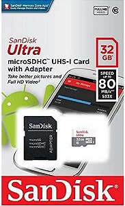 CARTÃO DE MEMÓRIA SANDISK 32 GB. MICRO SD CLASSE 10 100MB/S
