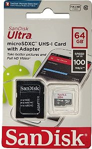 CARTÃO DE MEMÓRIA SANDISK 64 GB. MICRO SD CLASSE 10 100MB/S