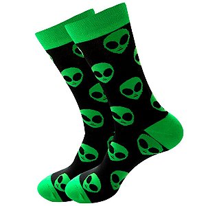 Meia Divertida ET Alien Verde e preto Cano Alto