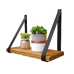 Prateleira Pinus tom Castanheira 50x15 - Alça de Couro