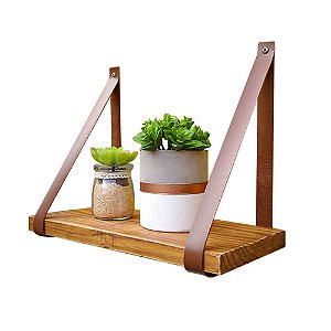 Prateleira Pinus tom Castanheira 40x15 - Alça de Couro