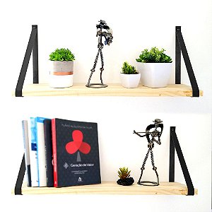 Kit 2 Prateleiras 40x15cm Pinus - Alças de Couro