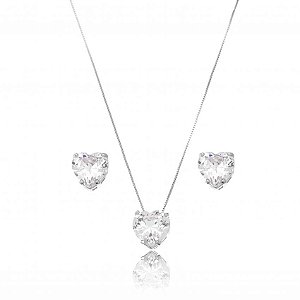 Conjunto Ródio Coração Cristal
