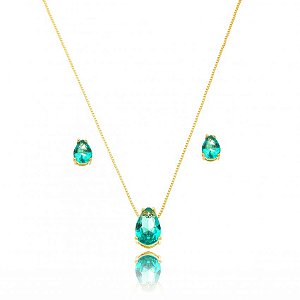 Conjunto Dourado Gota Cristal Turmalina