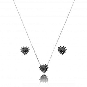 Conjunto Ródio Coração Cristal Onix