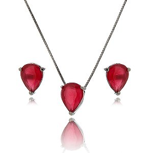Conjunto Ródio Negro Pedra Cristal Rubi Gotas
