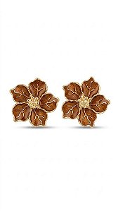 Brinco Flor Esmaltado e Resinado Marrom – Banhado a Ouro 18k