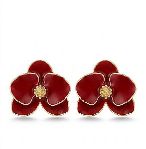 Brinco Orquídea Esmaltado e Resinado Vermelho Marsala – Banhado a Ouro 18k