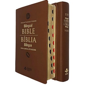 Bíblia Bilíngue Bilingual Bible NAA Inglês Português Capa Luxo Marrom Índice