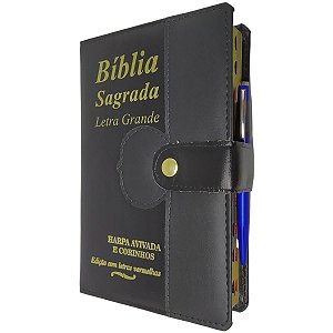 Bíblia Sagrada Letra Grande Índice Lateral Botão e Caneta Capa Preta