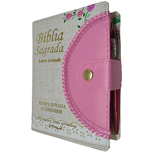 Bíblia Sagrada Letra Grande Com Harpa Botão e Caneta 17x13 - Rosas
