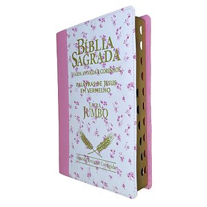 Bíblia Sagrada Bicolor Jumbo Harpa Branca Florida com Rosa