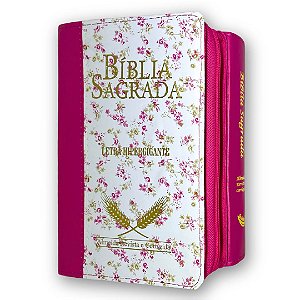 Bíblia Sagrada Média Hipergigante Corrigida | Branca Florida Pink Zíper