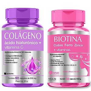 2x Kit Suplementos para Pele Cabelos e Unhas: Colágeno, Hialurônico, Biotina + Vitaminas 120 cáps