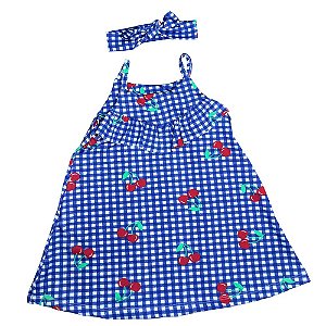 Vestido de bebê Xadrez Cerejinha (Azul)