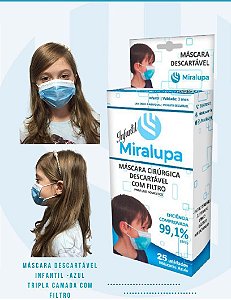 Máscara Tripla Azul Infantil Miralupa caixa com 25 unid