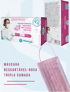 Máscara Tripla Rosa Miralupa caixa 50 unid