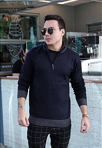 Blusa Tricot Gola Alta Azul Marinho