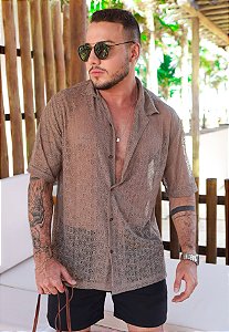 Camisa Renda Vazada Oversized Marrom