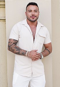 Camisa Bolso Tricoline Bege