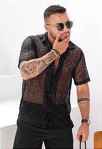 Camisa Renda Vazada Oversized Preta