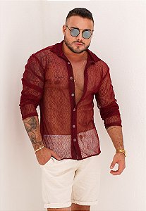 Camisa Manga Longa Renda Vermelho Marsala