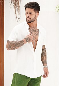 Camisa Viscolinho Gola Padre Branca