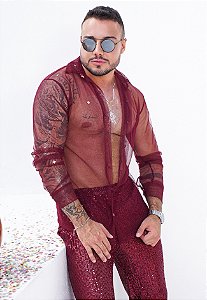 Camisa Tule Manga Longa Vermelho Marsala
