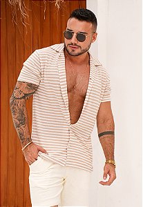 Camisa Tricot Listrada Bege