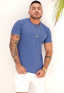 Camiseta Gola Média Tricot Azul