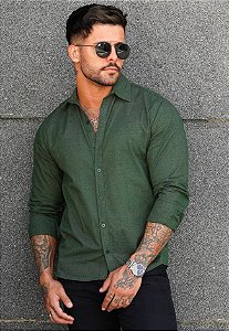 Camisa Linho Manga Longa Verde Militar