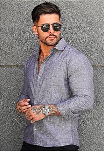 Camisa Linho Manga Longa Cinza Grafite