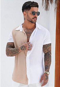 Camisa Viscolinho Bicolor Bege